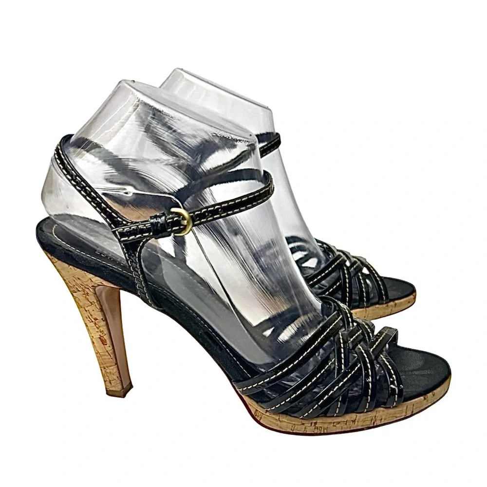 Coach Women’s High Heels 8.5 B Black Strappy Cork bottom Made In Italy Used